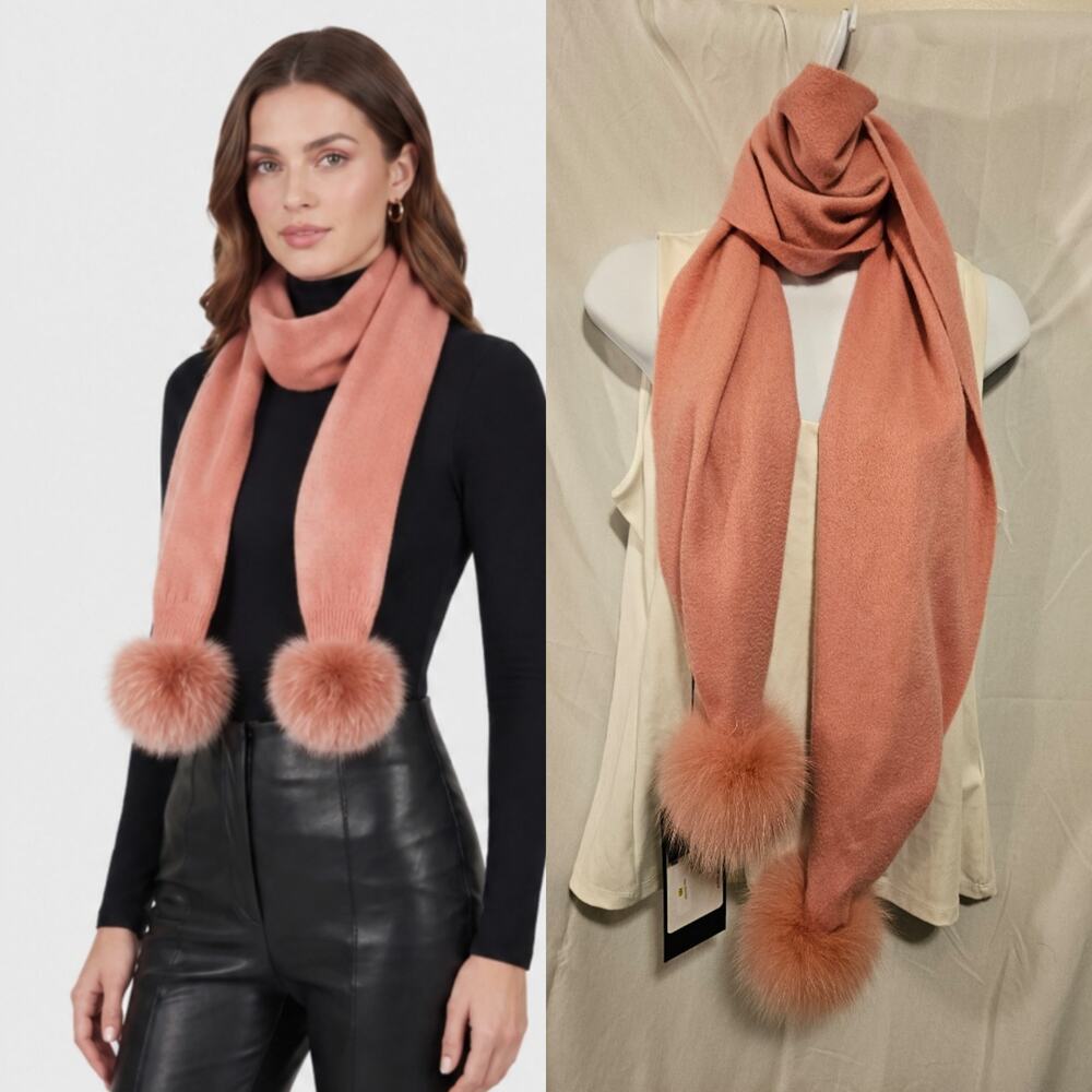 $346 Gorski Pink 100% Cashmere Scarf Real Fox Fur Pom Poms Luxury Wrap NWT New